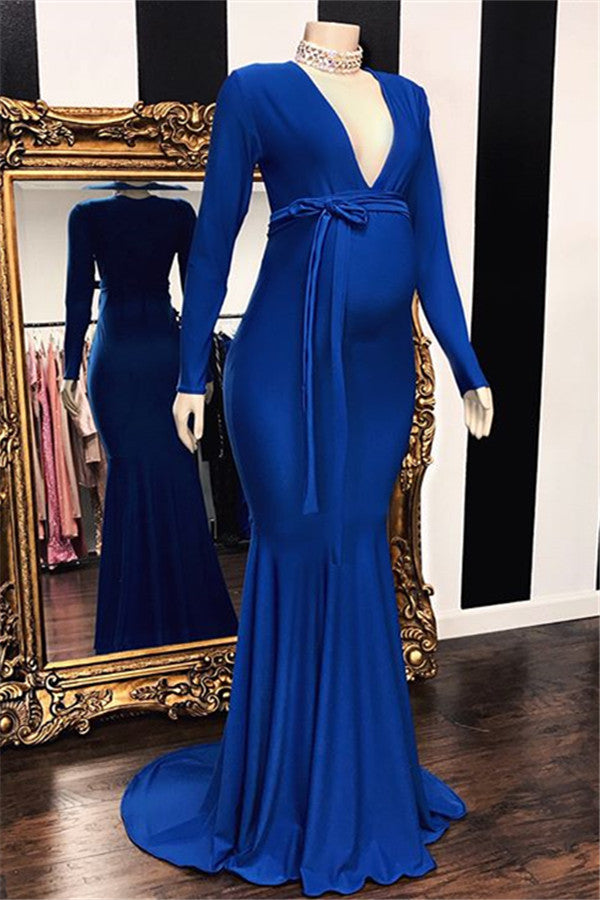 Long Mermaid Deep V-neck Pregnant Formal Evening Dress with Sleeves-BIZTUNNEL