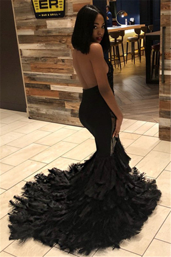 Long Mermaid Halter Open Back Appliques Black Prom Dress-BIZTUNNEL