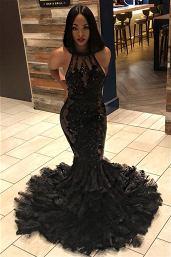 Cargar imagen en el visor de la Galería, Long Mermaid Halter Open Back Appliques Black Prom Dress-BIZTUNNEL

