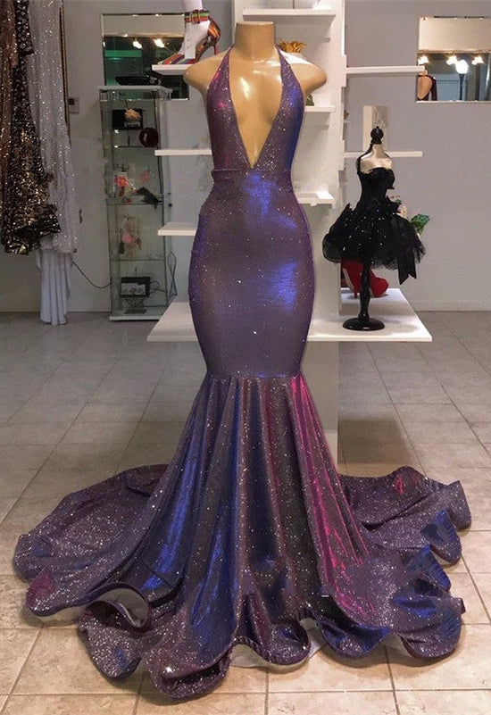 Carregar imagem no visualizador da galeria, Long Mermaid Halter Sequins Formal Prom Dresses-BIZTUNNEL
