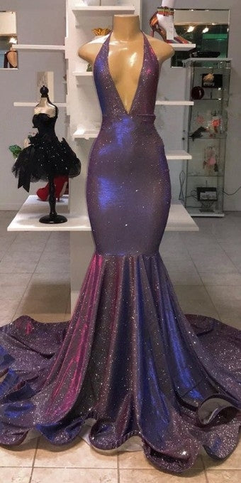 Long Mermaid Halter Sequins Formal Prom Dresses-BIZTUNNEL