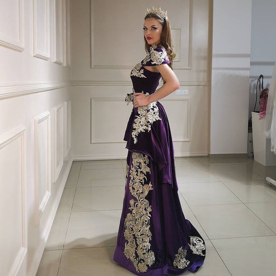 Long Mermaid High Neck Appliques Lace Backless Velvet Prom Dress-BIZTUNNEL