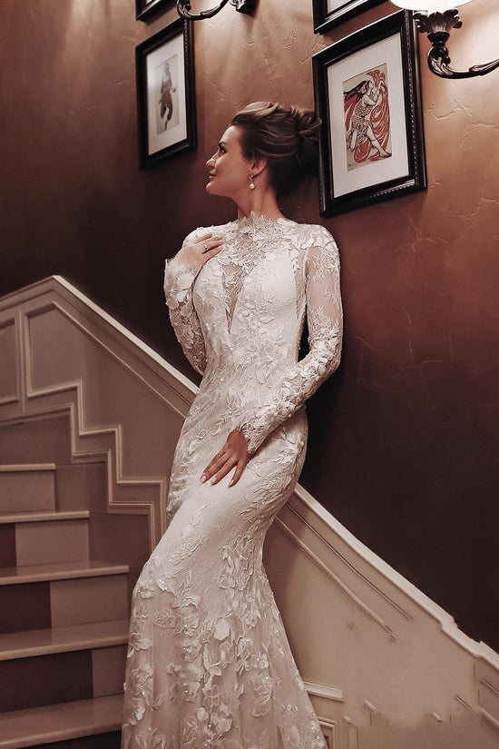 Long Mermaid High Neck Appliques Lace Backless Wedding Dress with Sleeves-BIZTUNNEL