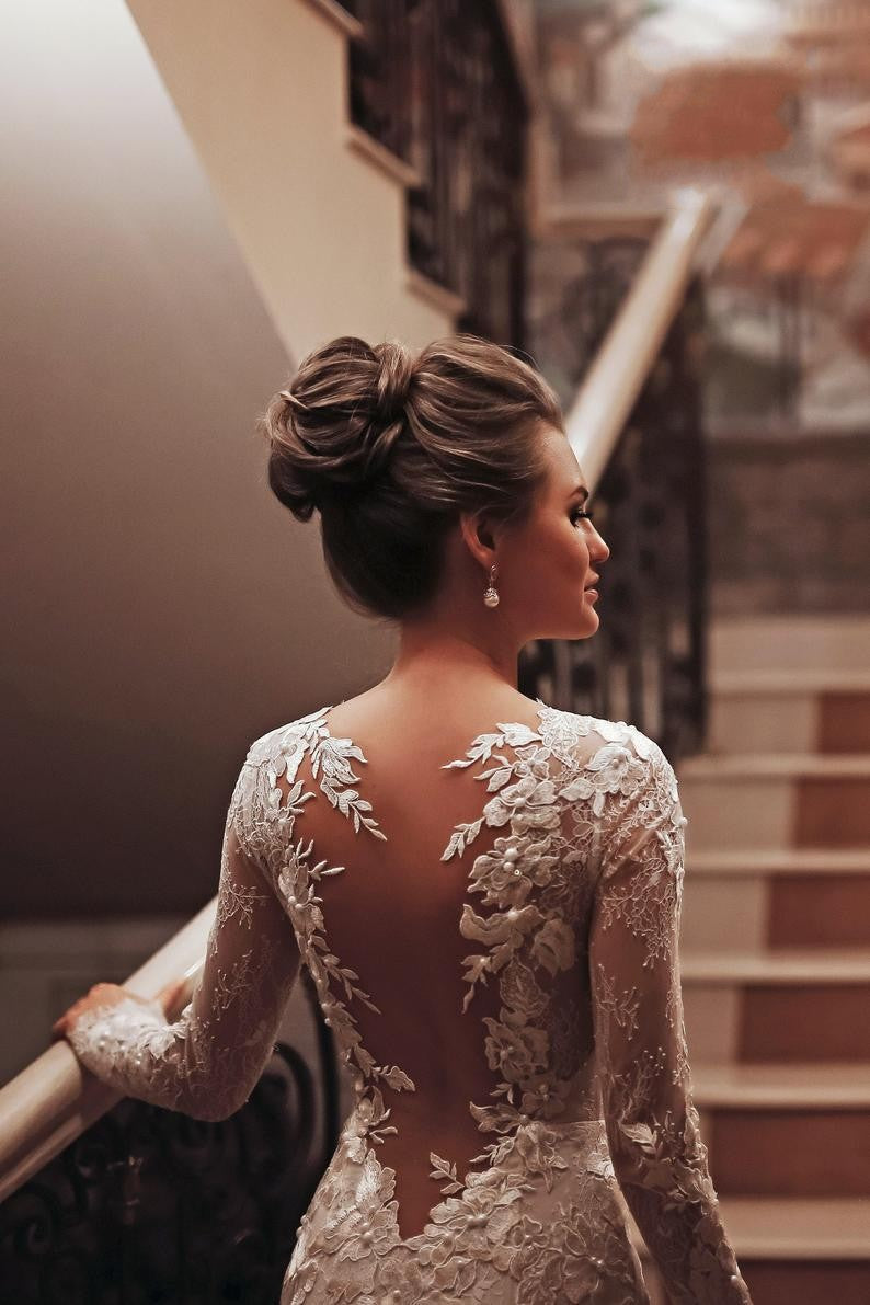 Long Mermaid High Neck Appliques Lace Backless Wedding Dress with Sleeves Long Mermaid High Neck Appliques Lace Backless Wedding Dress with Sleeves