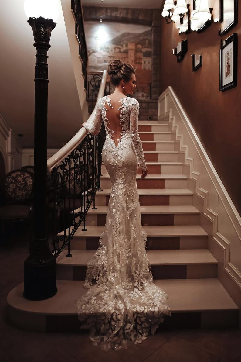 Long Mermaid High Neck Appliques Lace Backless Wedding Dress with Sleeves Long Mermaid High Neck Appliques Lace Backless Wedding Dress with Sleeves