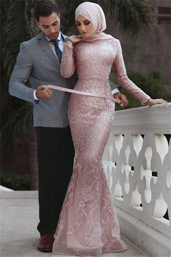 Long Mermaid High Neck Appliques Lace Prom Dress with Sleeves-BIZTUNNEL