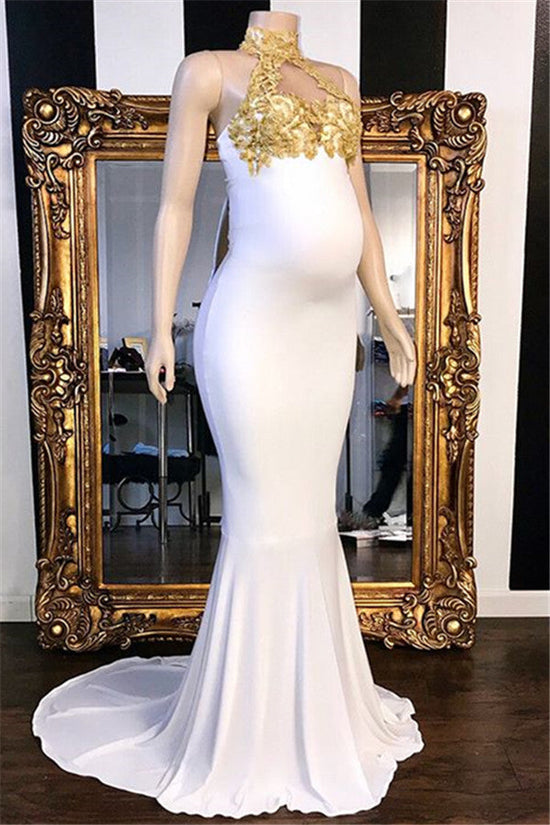 Long Mermaid High Neck Appliques White Pregnant Formal Dresses-BIZTUNNEL