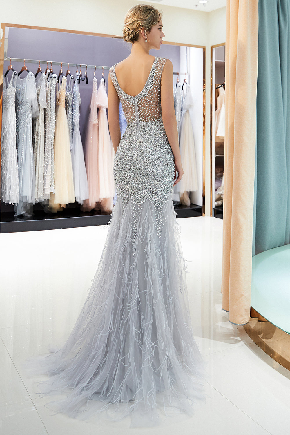 Laden Sie das Bild in den Galerie-Viewer, Long Mermaid Jewel Crystal Sqeuined Tulle Evening Dresses-BIZTUNNEL
