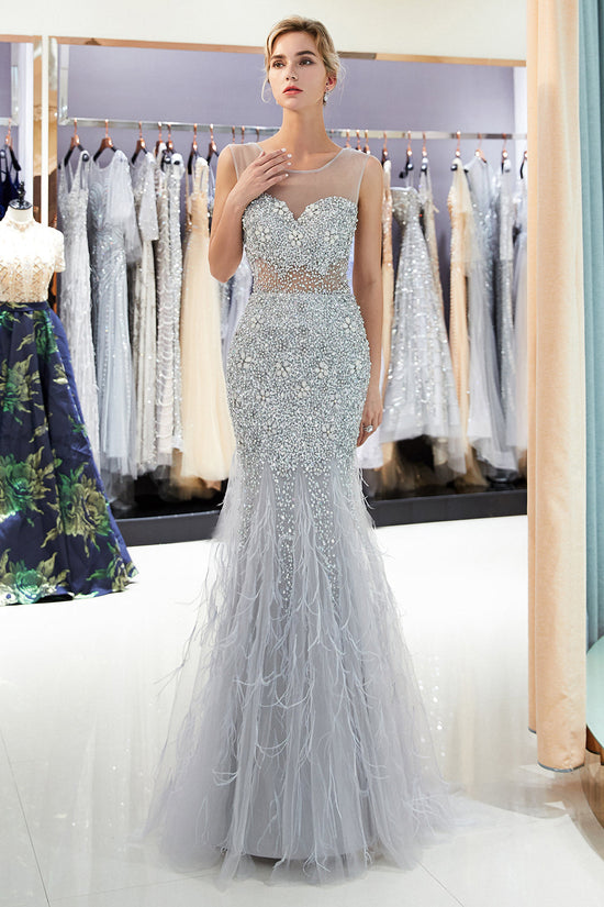 Cargar imagen en el visor de la Galería, Long Mermaid Jewel Crystal Sqeuined Tulle Evening Dresses-BIZTUNNEL
