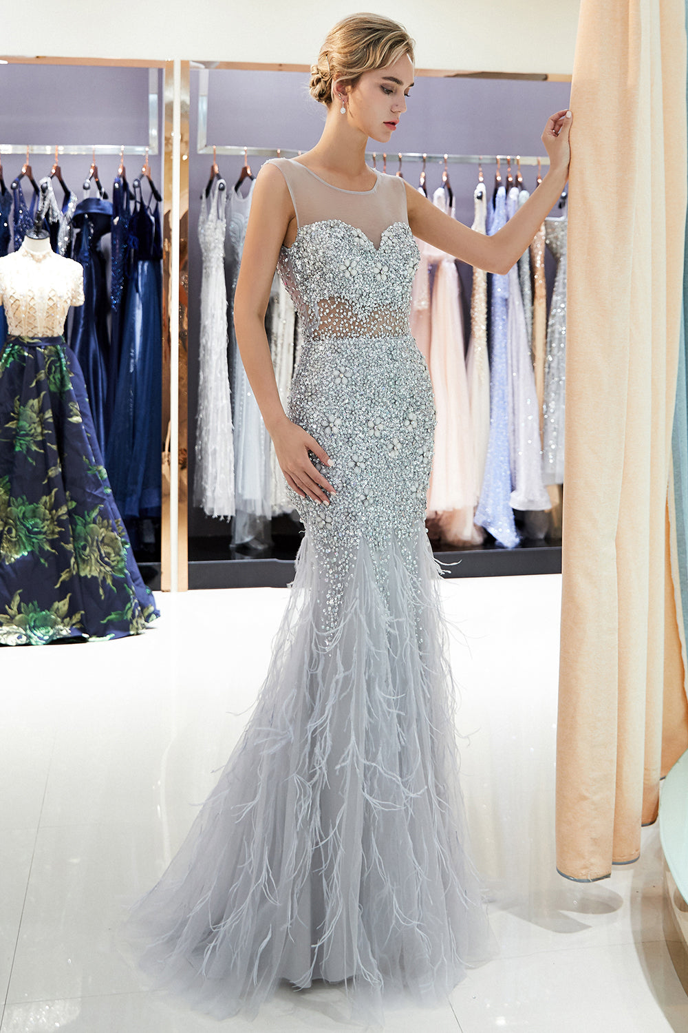 Cargar imagen en el visor de la Galería, Long Mermaid Jewel Crystal Sqeuined Tulle Evening Dresses-BIZTUNNEL
