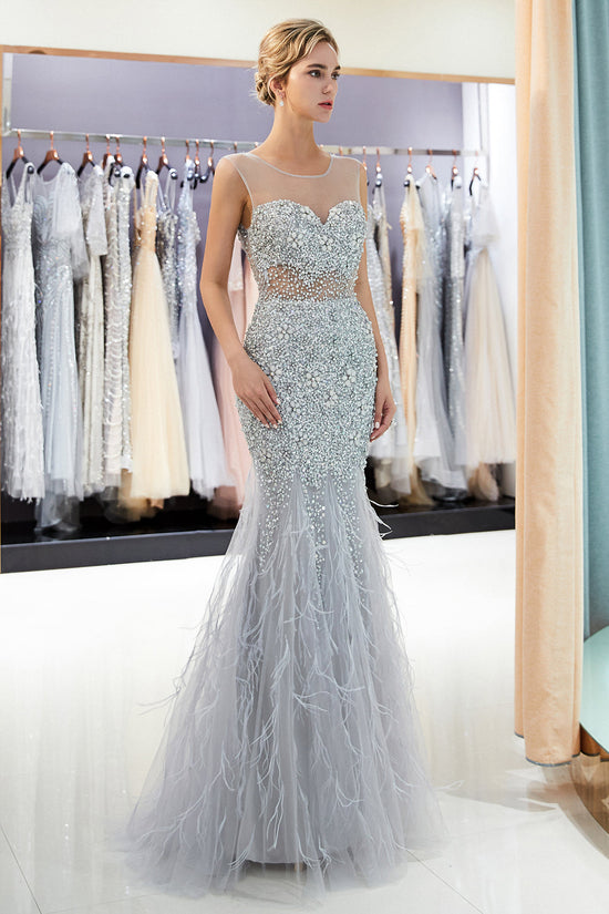 Carregar imagem no visualizador da galeria, Long Mermaid Jewel Crystal Sqeuined Tulle Evening Dresses-BIZTUNNEL
