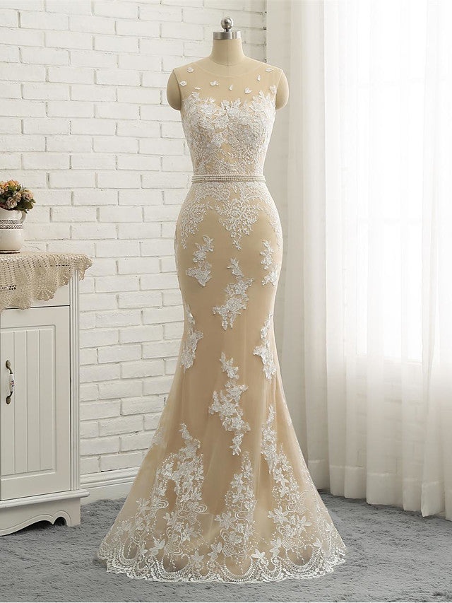Long Mermaid Jewel Neck Chapel Train Tulle Lace Wedding Dresses Long Mermaid Jewel Neck Chapel Train Tulle Lace Wedding Dresses