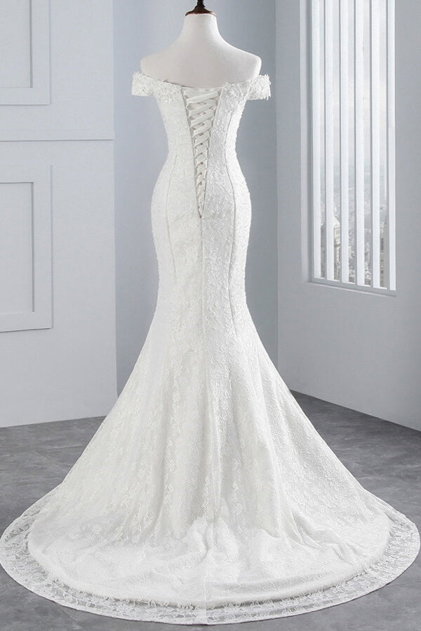 Long Mermaid Lace Off Shoulder Lace-up Wedding Dress-BIZTUNNEL