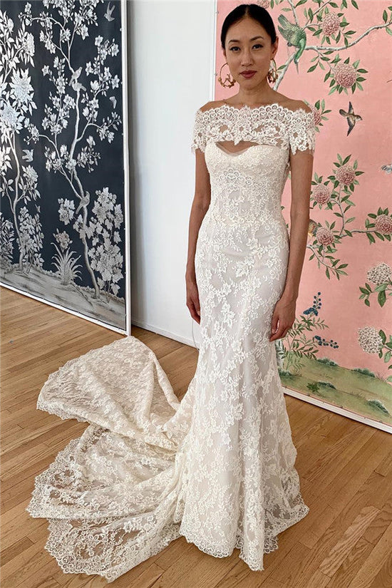 Load image into Gallery viewer, Long Mermaid Lace Off-the-shoulder Wedding Dresses-BIZTUNNEL
