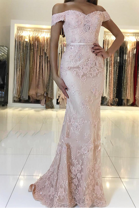 Load image into Gallery viewer, Long Mermaid Off-the-shoulder Backless Appliques Lace Prom Dress-BIZTUNNEL
