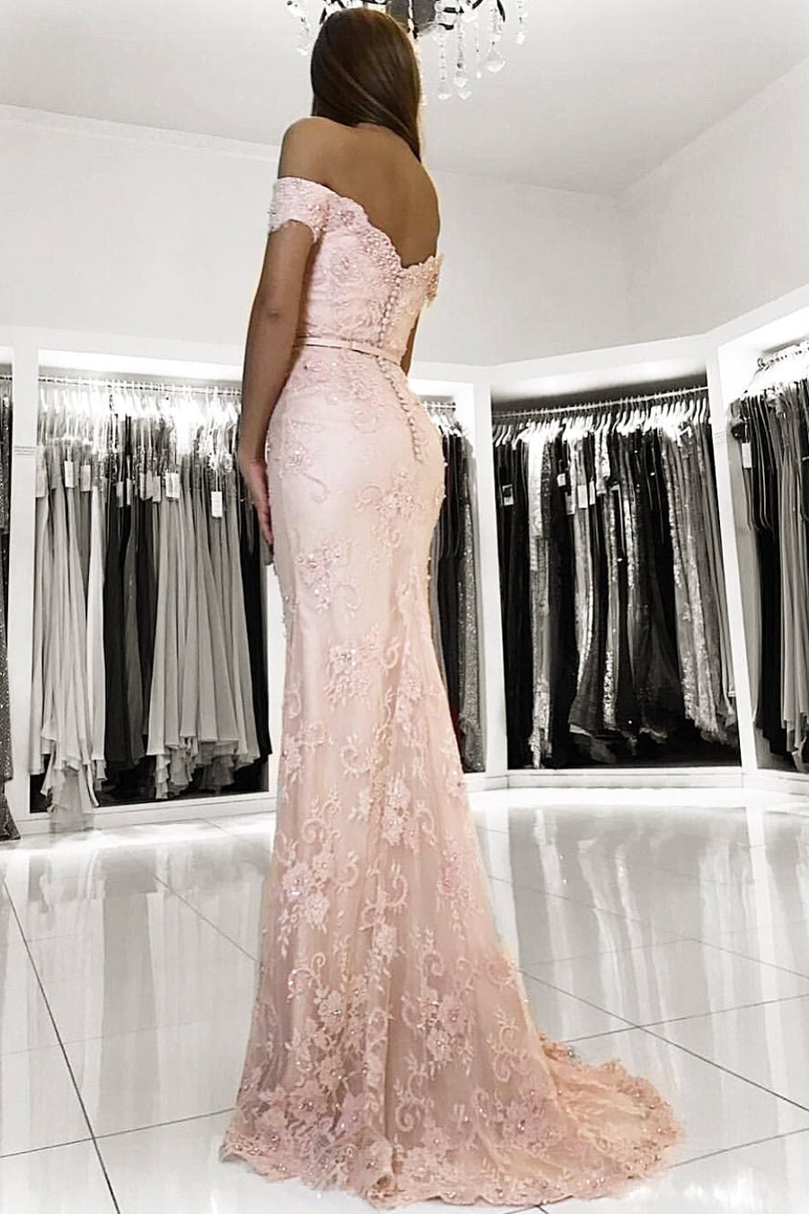 Long Mermaid Off-the-shoulder Backless Appliques Lace Prom Dress-BIZTUNNEL