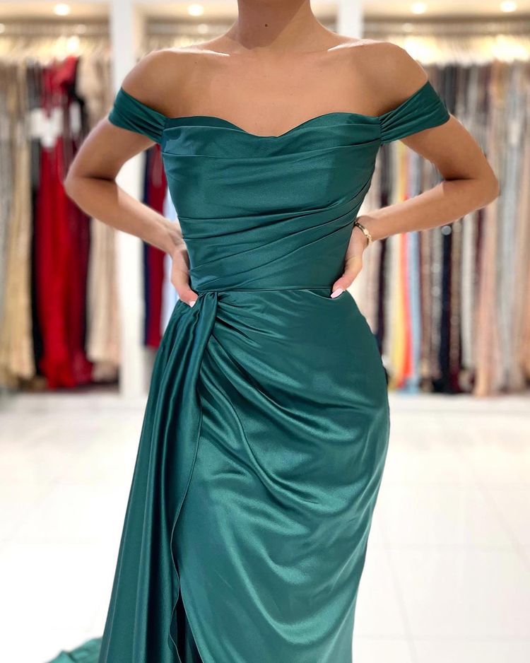 Long Mermaid Off-the-shoulder Backless Front Slit Prom Dress With Side Train-BIZTUNNEL