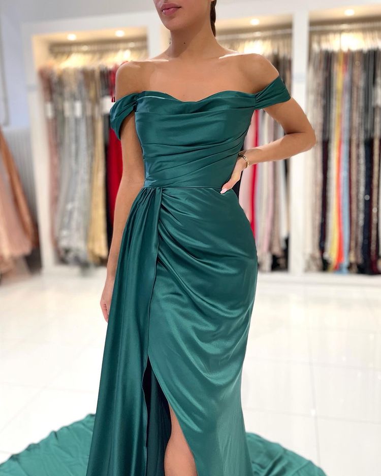 Long Mermaid Off-the-shoulder Backless Front Slit Prom Dress With Side Train-BIZTUNNEL