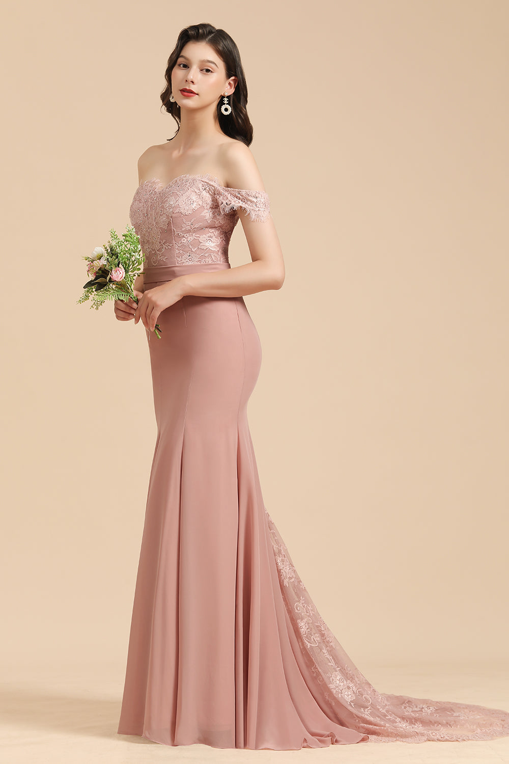 Carregar imagem no visualizador da galeria, Long Mermaid Off The Shoulder Dusty Rose Bridesmaid Dress with Lace-BIZTUNNEL
