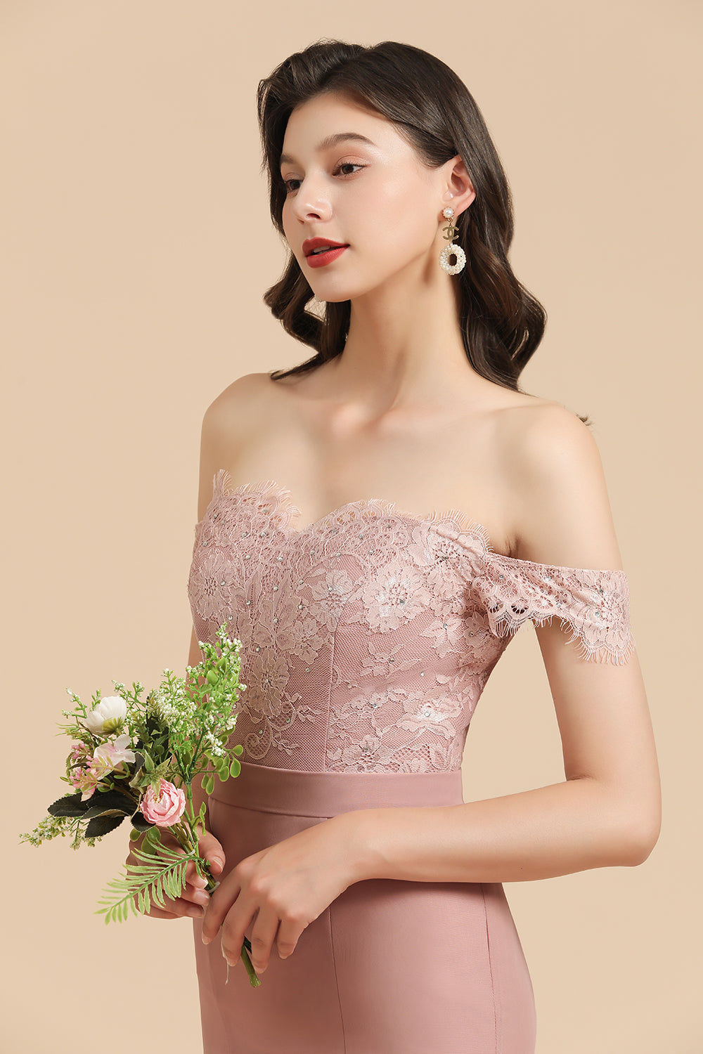 Long Mermaid Off The Shoulder Dusty Rose Bridesmaid Dress with Lace Long Mermaid Off The Shoulder Dusty Rose Bridesmaid Dress with Lace