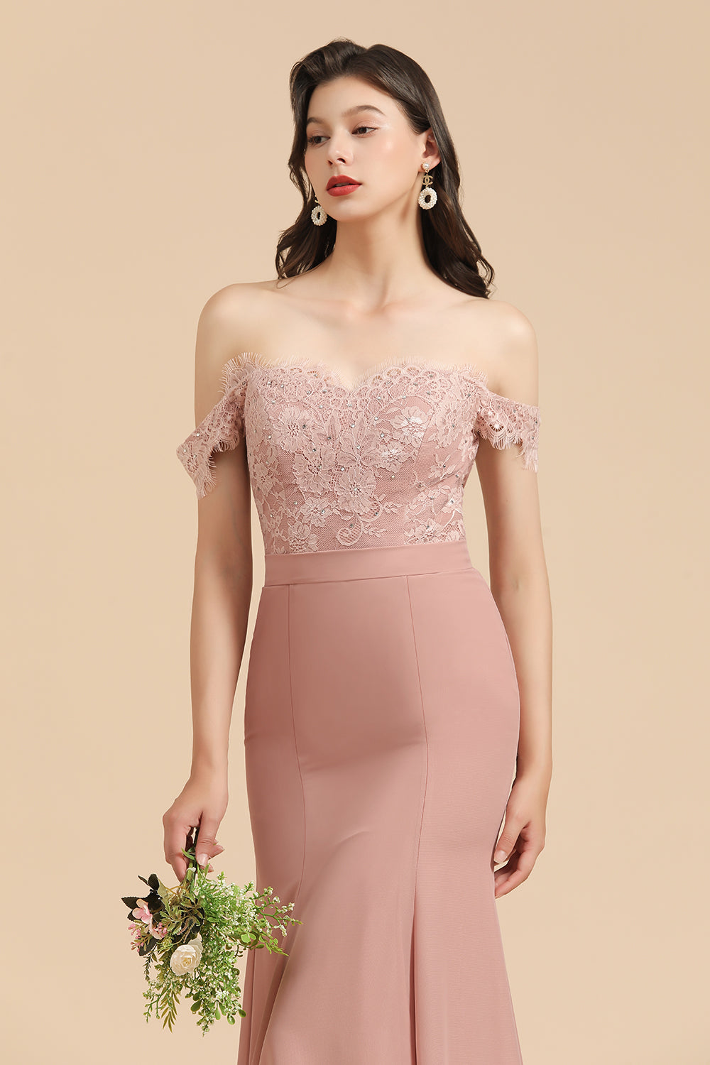 Long Mermaid Off The Shoulder Dusty Rose Bridesmaid Dress with Lace Long Mermaid Off The Shoulder Dusty Rose Bridesmaid Dress with Lace