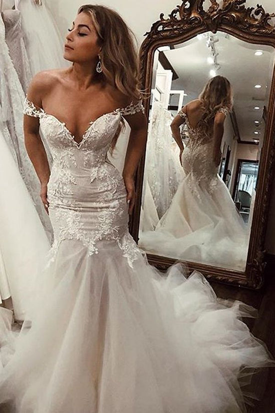 Long Mermaid Off the Shoulder Lace Backless Wedding Dresses-BIZTUNNEL