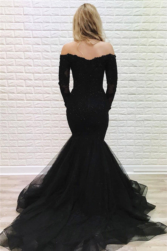 Long Mermaid Off-the-shoulder Lace Formal Prom Dress with Sleeves-BIZTUNNEL