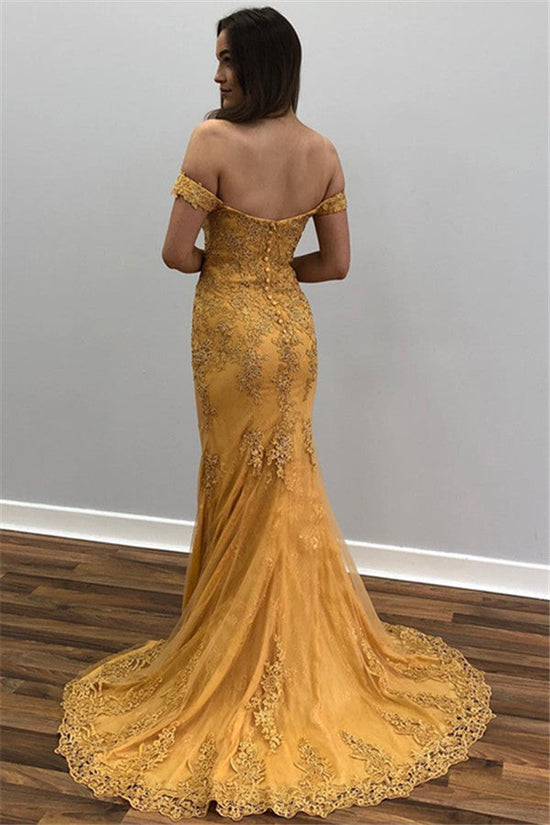 Load image into Gallery viewer, Long Mermaid Off-the-shoulder Lace Gold Prom Dress-BIZTUNNEL
