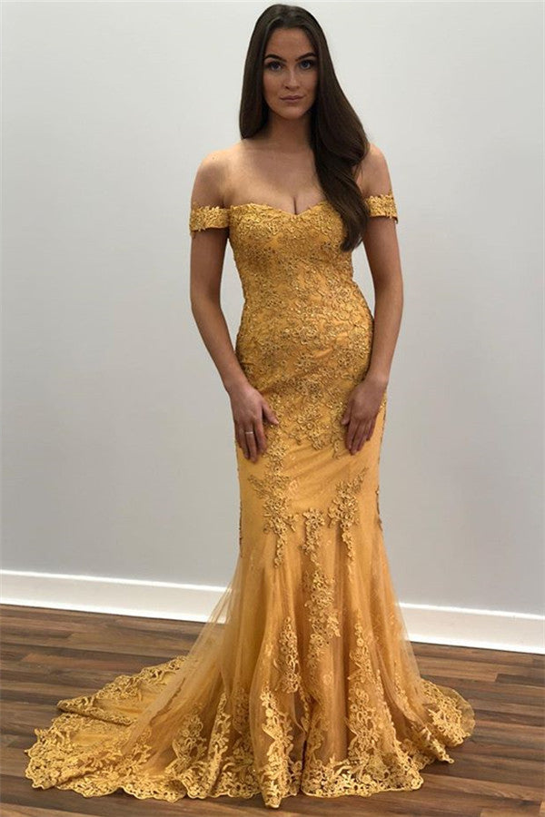 Carregar imagem no visualizador da galeria, Long Mermaid Off-the-shoulder Lace Gold Prom Dress-BIZTUNNEL
