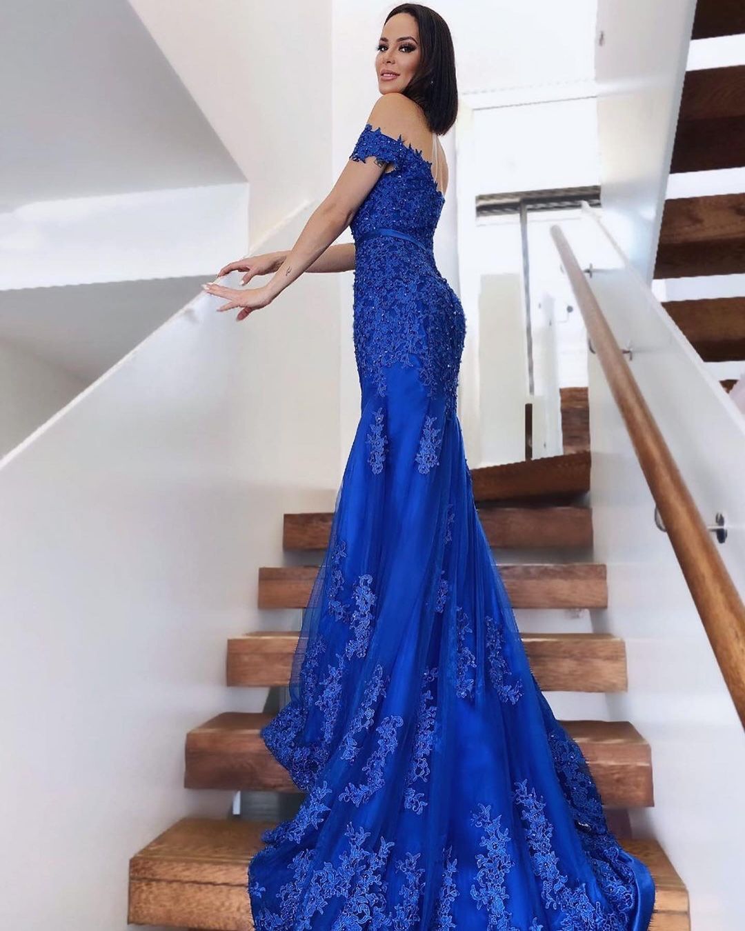 Long Mermaid Off-the-shoulder Lace Tulle Royal Blue Prom Dress-BIZTUNNEL