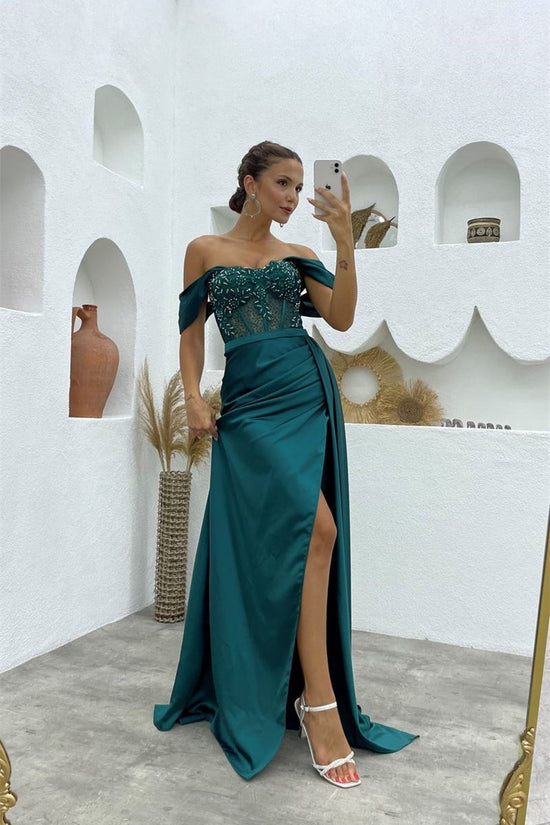 Long Mermaid Off the shoulder Satin Beading Formal Prom Dresses with Slit-BIZTUNNEL
