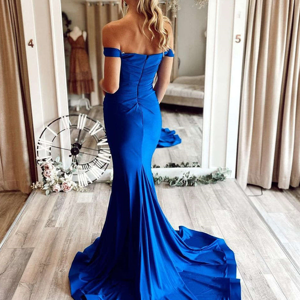 Long Mermaid off the shoulder Satin Prom Dress Royal Blue Formal Evening Dresses Long Mermaid off the shoulder Satin Prom Dress Royal Blue Formal Evening Dresses