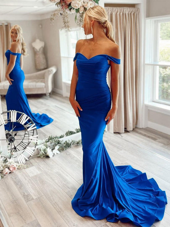 Long Mermaid off the shoulder Satin Prom Dress Royal Blue Formal Evening Dresses-BIZTUNNEL