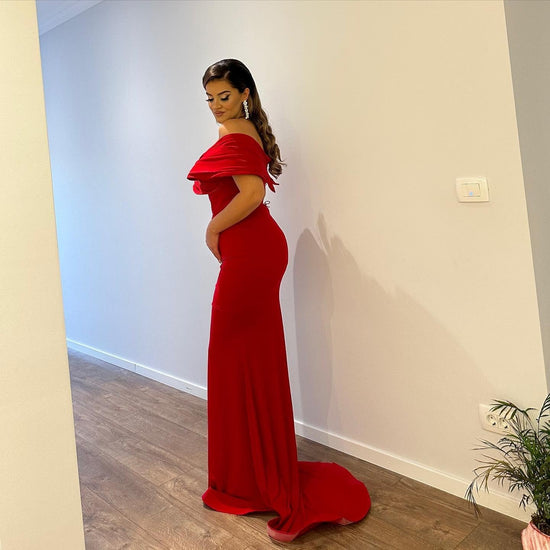 Long Mermaid Off the Shoulder Satin Red Formal Prom Dresses with Slit-BIZTUNNEL