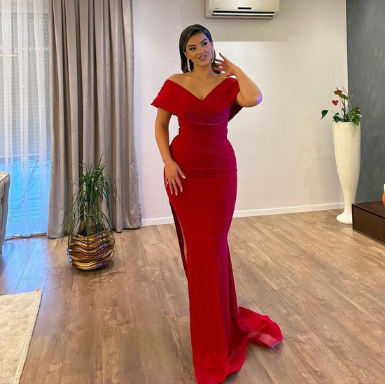 Long Mermaid Off the Shoulder Satin Red Formal Prom Dresses with Slit-BIZTUNNEL