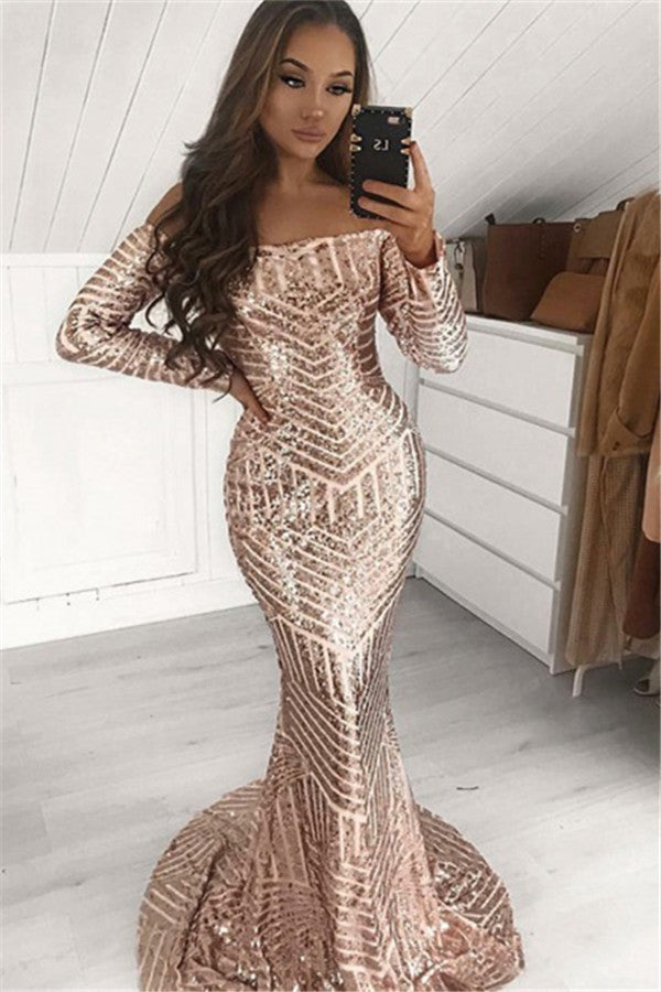 Long Mermaid Off-the-shoulder Sequined Prom Dress with Sleeves-BIZTUNNEL