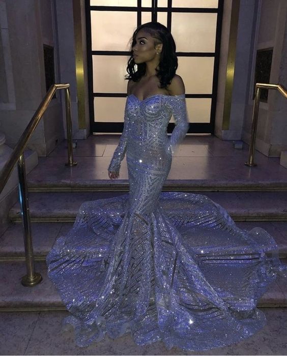 Long Mermaid Off the shoulder Sequins Prom Dresses with Sleeves-BIZTUNNEL