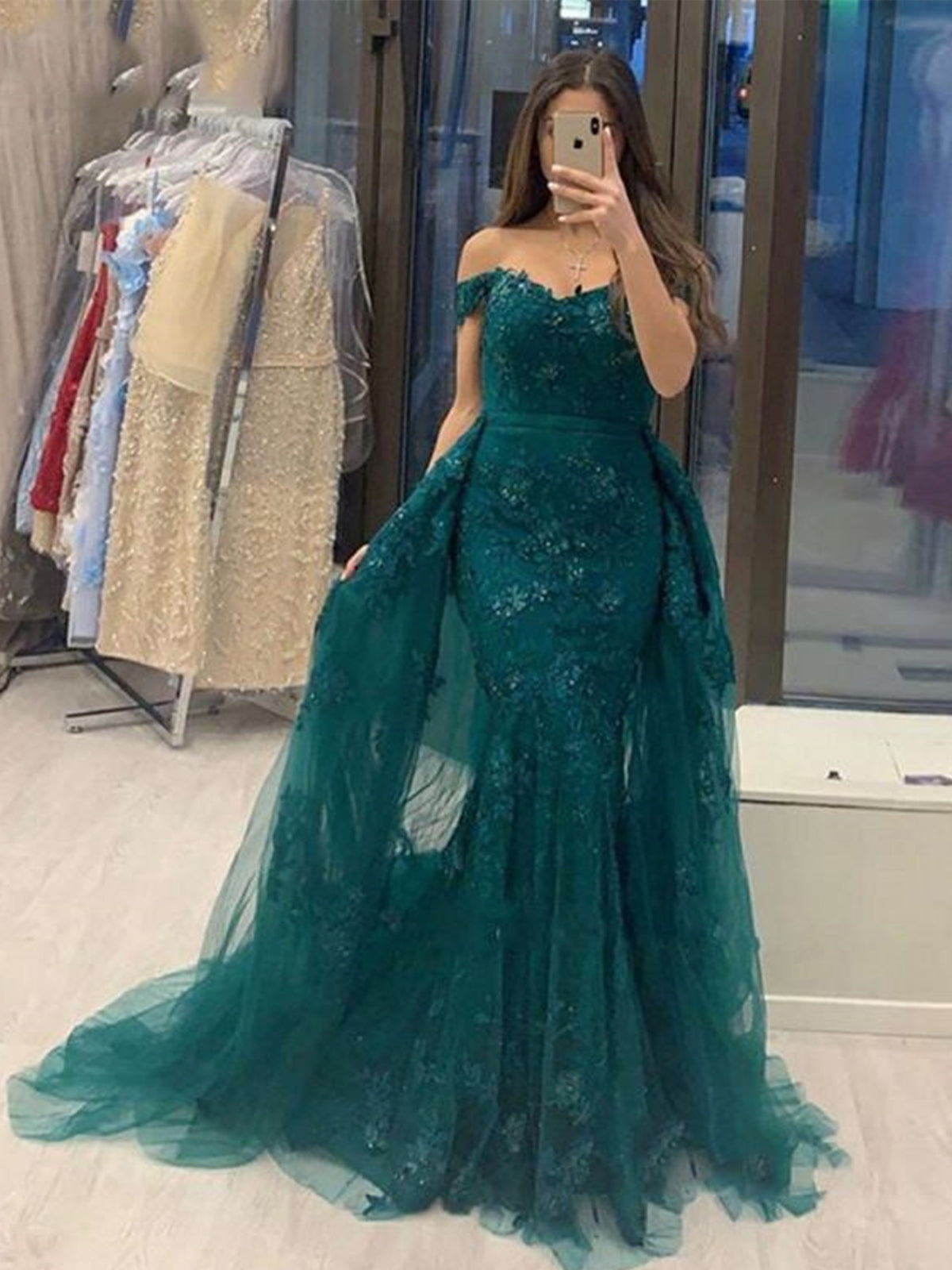 Long Mermaid Off the Shoulder Tulle Lace Formal Graduation Prom Dresses-BIZTUNNEL