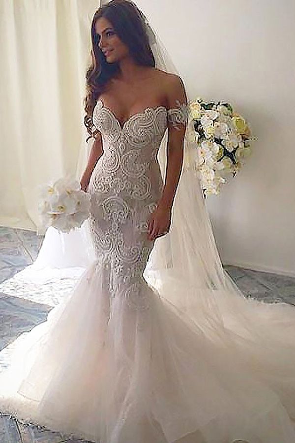 
                  
                    Long Mermaid Off-the-Shoulder Tulle Lace Wedding Dresses-BIZTUNNEL
                  
                