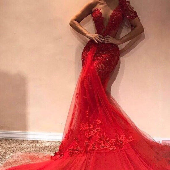 Long Mermaid One Shoulder Appliques Lace Tulle Red Prom Dress-BIZTUNNEL