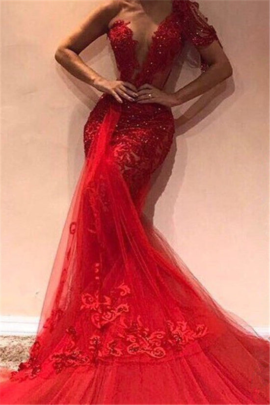 Carregar imagem no visualizador da galeria, Long Mermaid One Shoulder Appliques Lace Tulle Red Prom Dress-BIZTUNNEL
