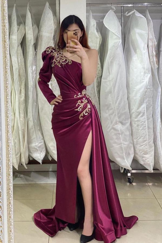 Long Mermaid One Shoulder Front Slit Prom Dress with Sleeves-BIZTUNNEL