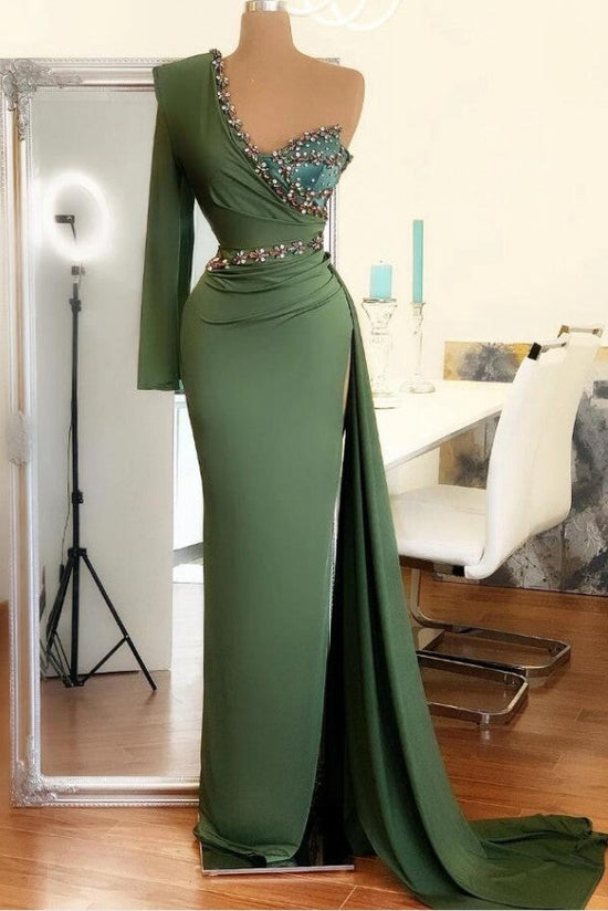 Long Mermaid One Shoulder Front Slit Prom Dress With Sleeves-BIZTUNNEL