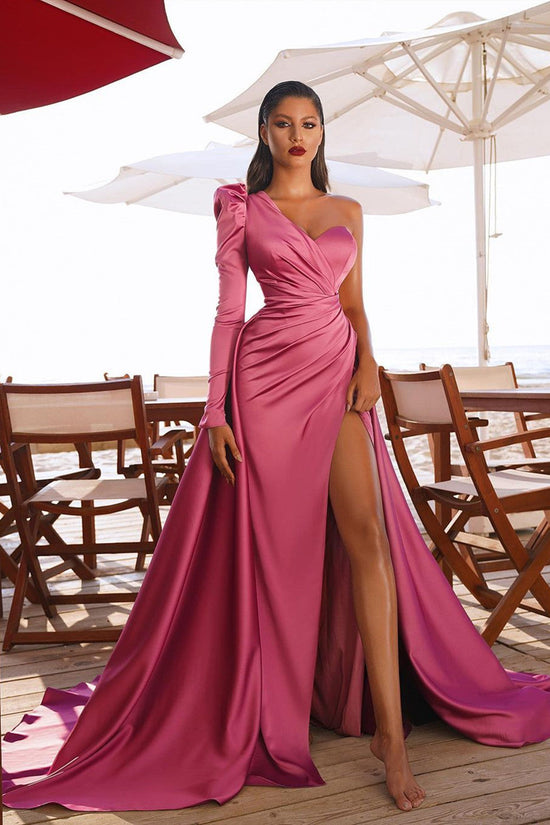 Long Mermaid One Shoulder Front Slit Prom Dresses with Sleeves-BIZTUNNEL