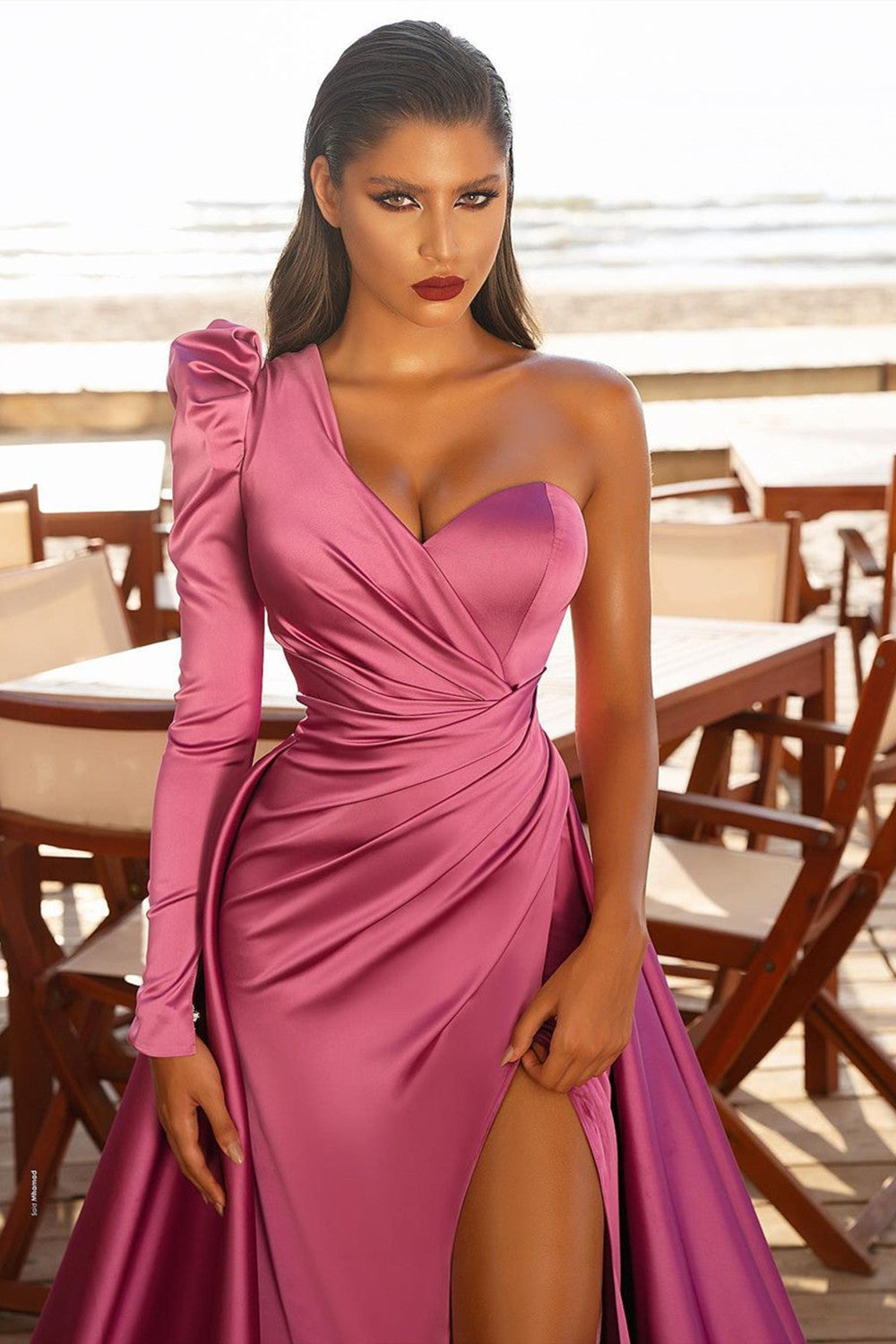 Long Mermaid One Shoulder Front Slit Prom Dresses with Sleeves-BIZTUNNEL
