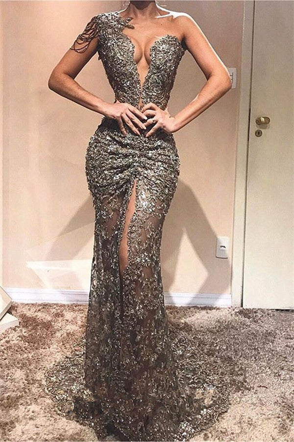 Long Mermaid One Shoulder Lace Prom Dress with Slit-BIZTUNNEL