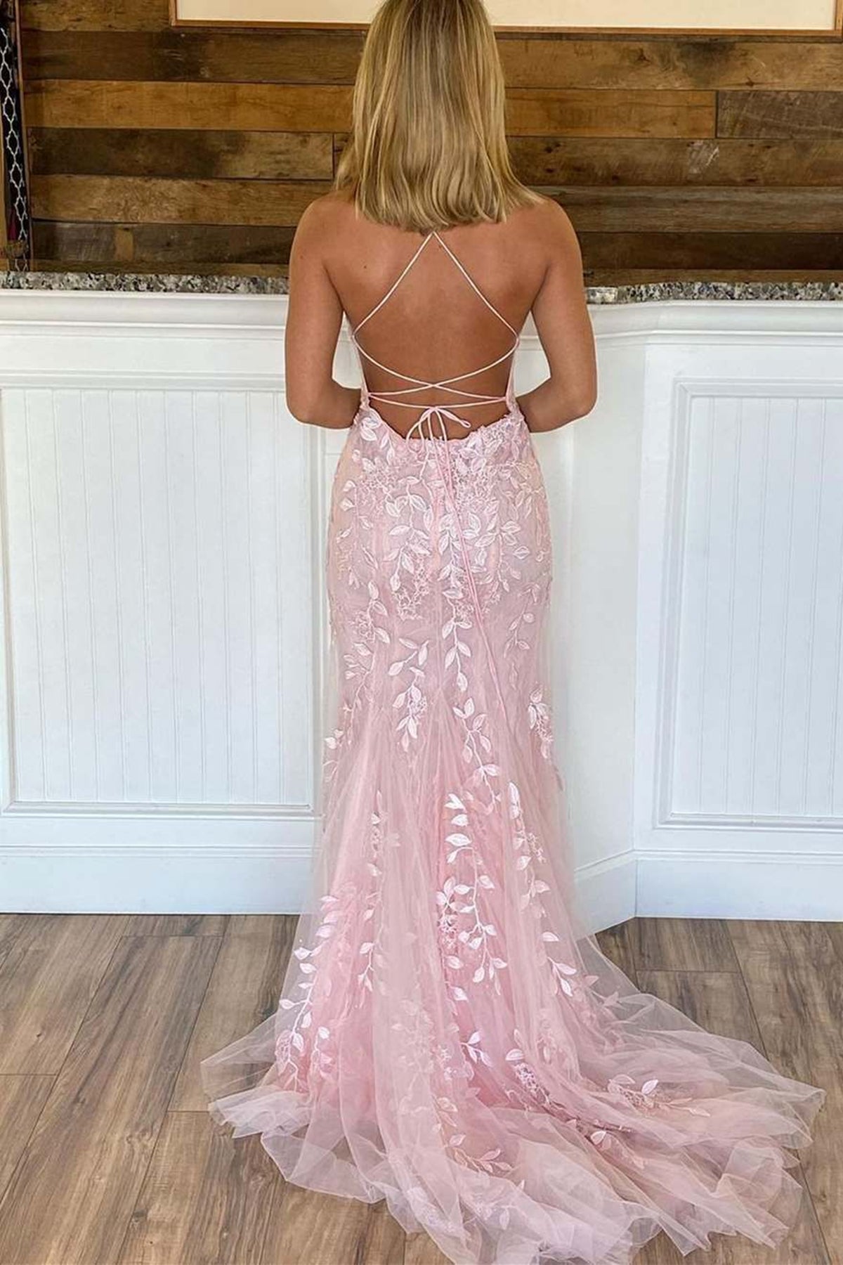 Long Mermaid Scoop Neck Lace Open Back Prom Dress Pink Formal Evening Dresses-BIZTUNNEL