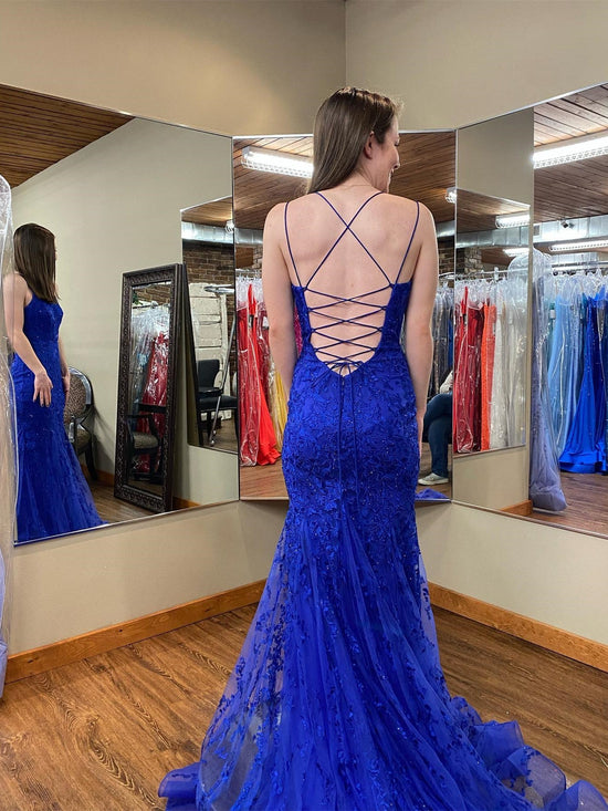 Long Mermaid Scoop Neck Lace Open Back Prom Dress Royal Blue Formal Evening Gowns-BIZTUNNEL
