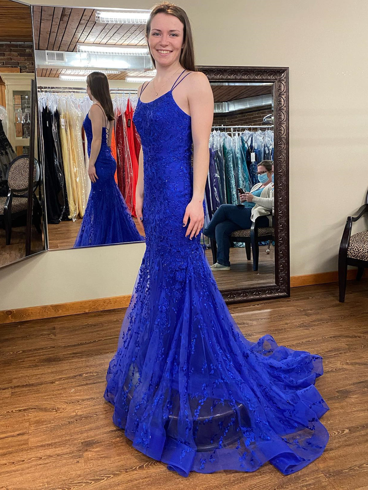 Long Mermaid Scoop Neck Lace Open Back Prom Dress Royal Blue Formal Evening Gowns-BIZTUNNEL