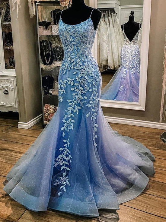 Long Mermaid Scoop Neck Tulle Backless Lace Prom Dress Blue Formal Evening Gowns-BIZTUNNEL